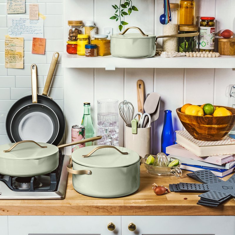 12-Piece Ceramic Nonstick Cookware Set with Strainer Lids - Sage Green