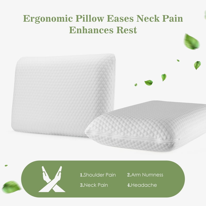 Memory Foam Pillow 2 Pack - Ergonomic Support for Neck & Back Pain Relief, Standard Size 24x16x4.7, Washable Cover