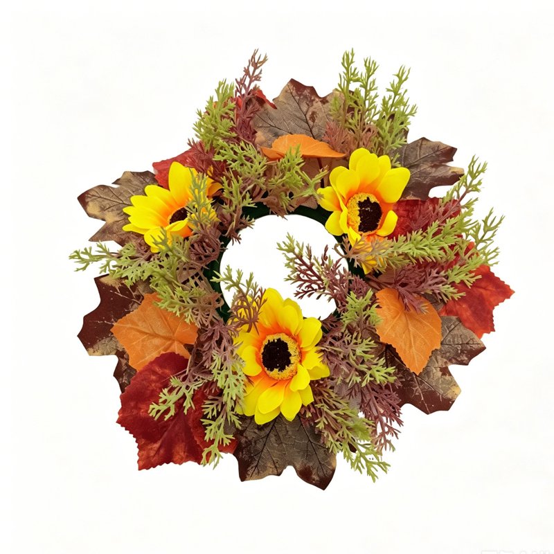 Fall Sunflower Candle Ring - Artificial Harvest Floral Mini Wreath for Pillar Candles - Rustic Autumn Home Decor - Variation #6