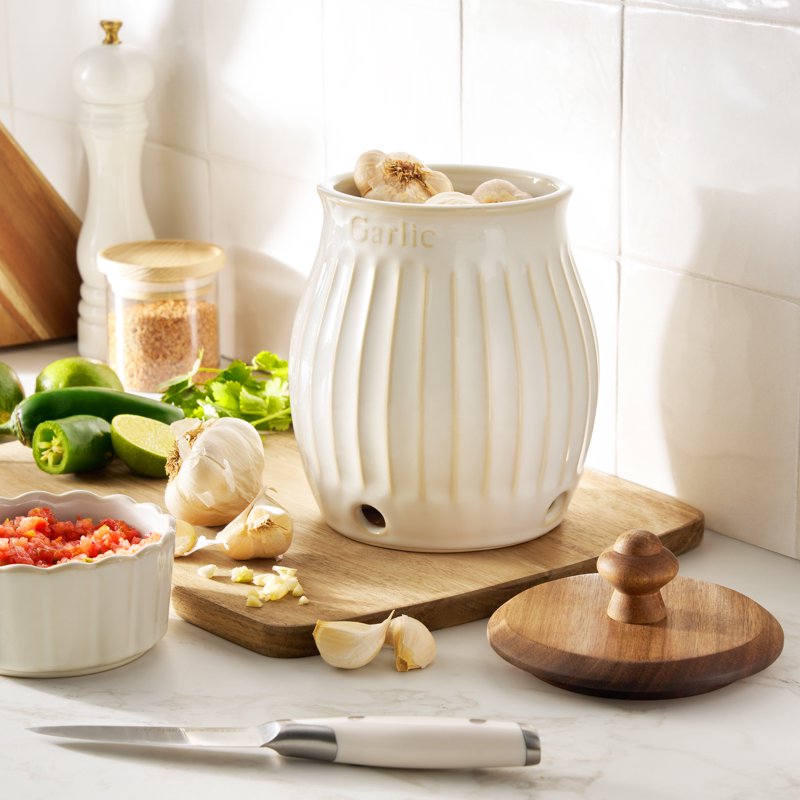 Stoneware Garlic Keeper - White with Ventilation Holes