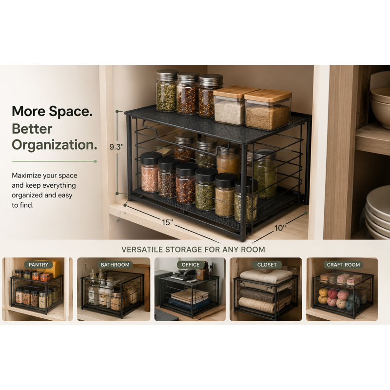 Large Stackable Pull-Out Drawer Organizer - Black, L, Single