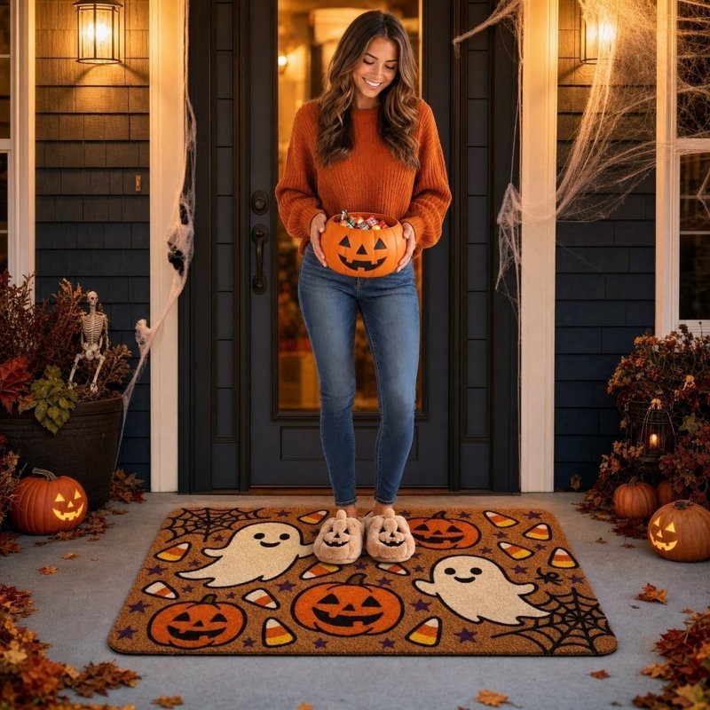 Halloween Doormat Ghost Pumpkin Web Entryway Rug 23.6x15.7in Secure-Grip Absorbent Coir - Variation of THIS listing