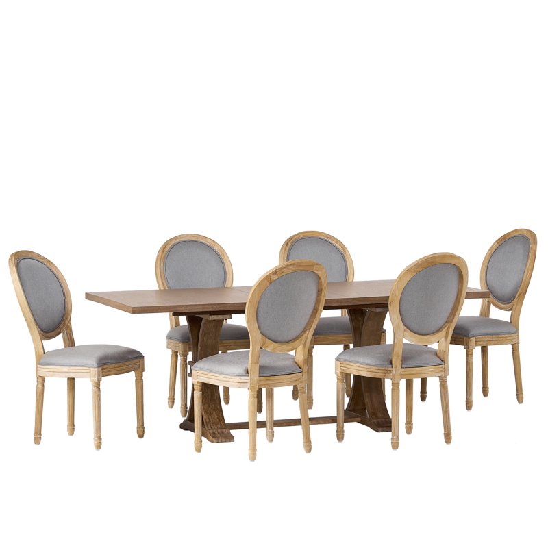 7 Piece Dining Set - Light Gray/Natural Fabric & Wood