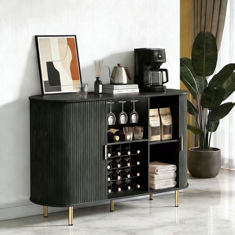 55" Wine Bar Cabinet with Storage & LED Lights - Black