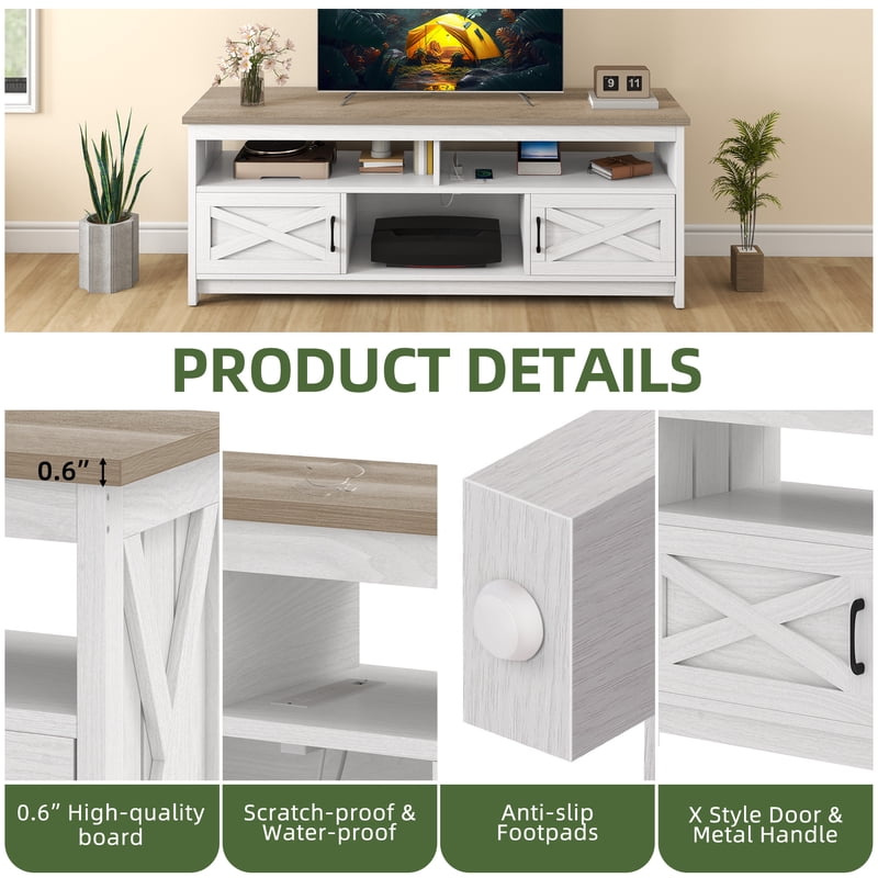 Farmhouse TV Stand for 60-65 Inch TVs with Power Outlet - Multiple Colors