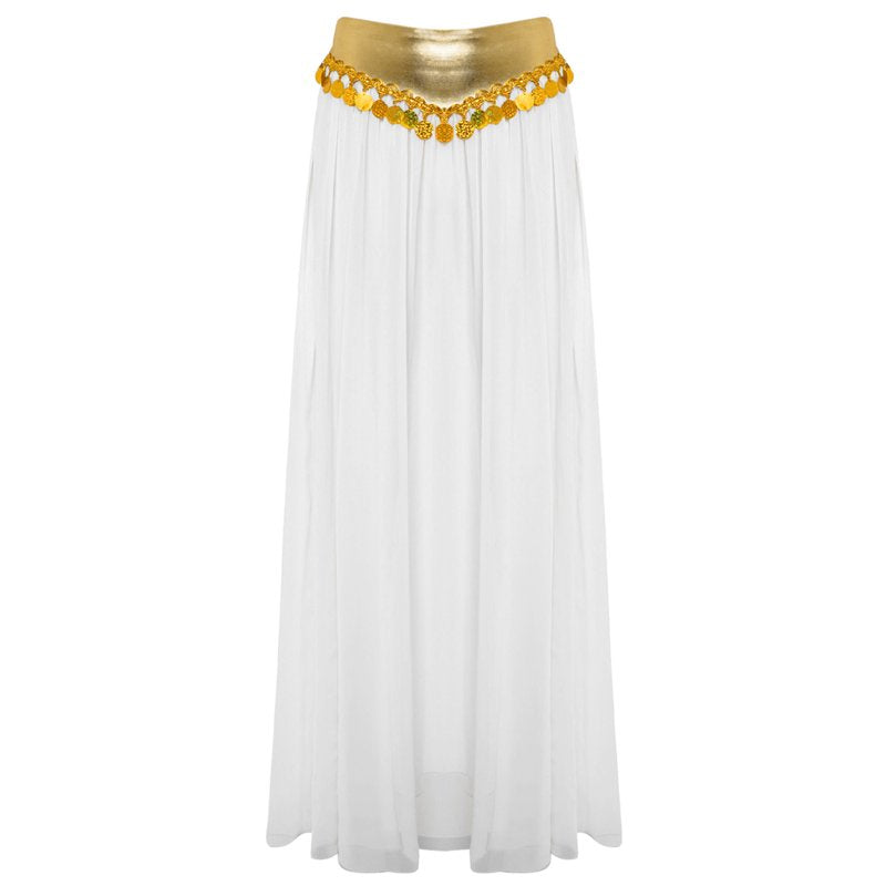 Women Belly Dance Costume Set with Chiffon Skirt and Sleeves - White M
