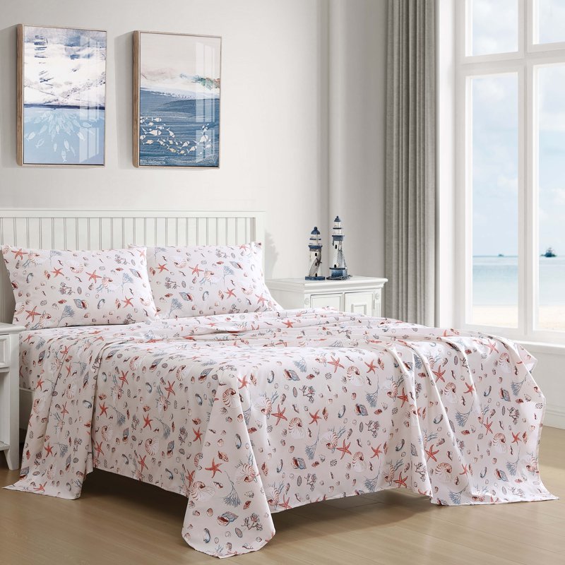 Queen Coastal Print Microfiber Sheet Set - Oceanside Sand - Beatrice Home Fashions