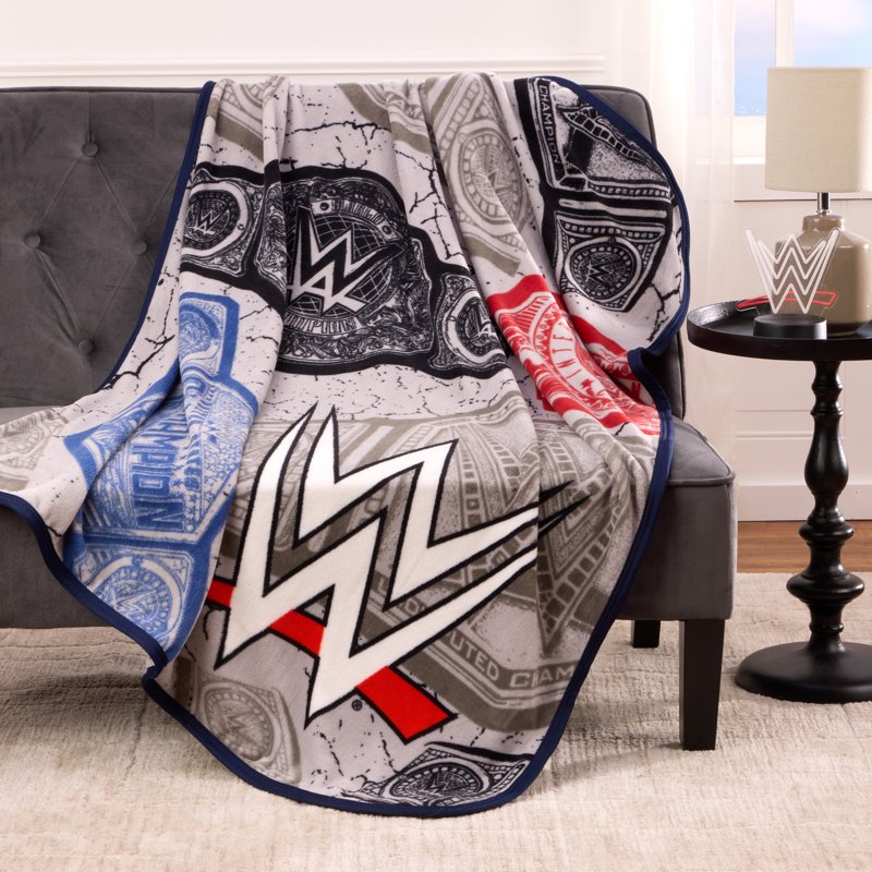 WWE Wrestling Kids Gray Fleece Throw Blanket 46 x 60 - Championship Logo Design