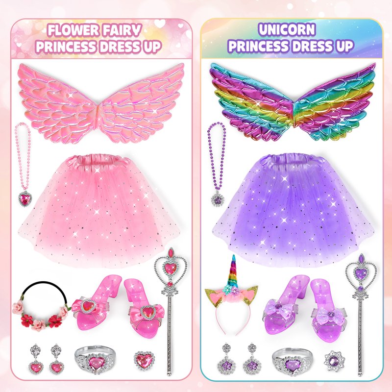 Toddler Girl Princess Dress Up Set with Wings Jewelry Shoes - Birthday Gift for 3-6 Years