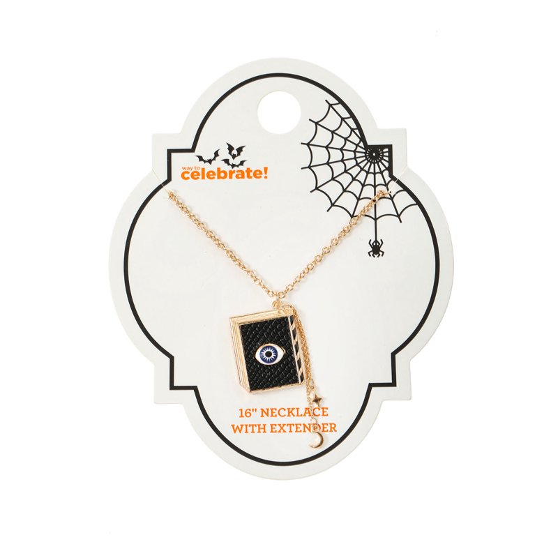Halloween Spellbook Pendant Necklace - Goldtone Charm for Costumes & Festive Looks