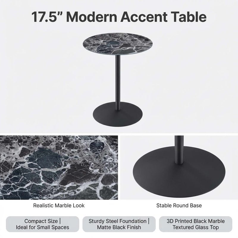 Compact 17.5 Inch Round Tulip Side Table - Marble Glass Top