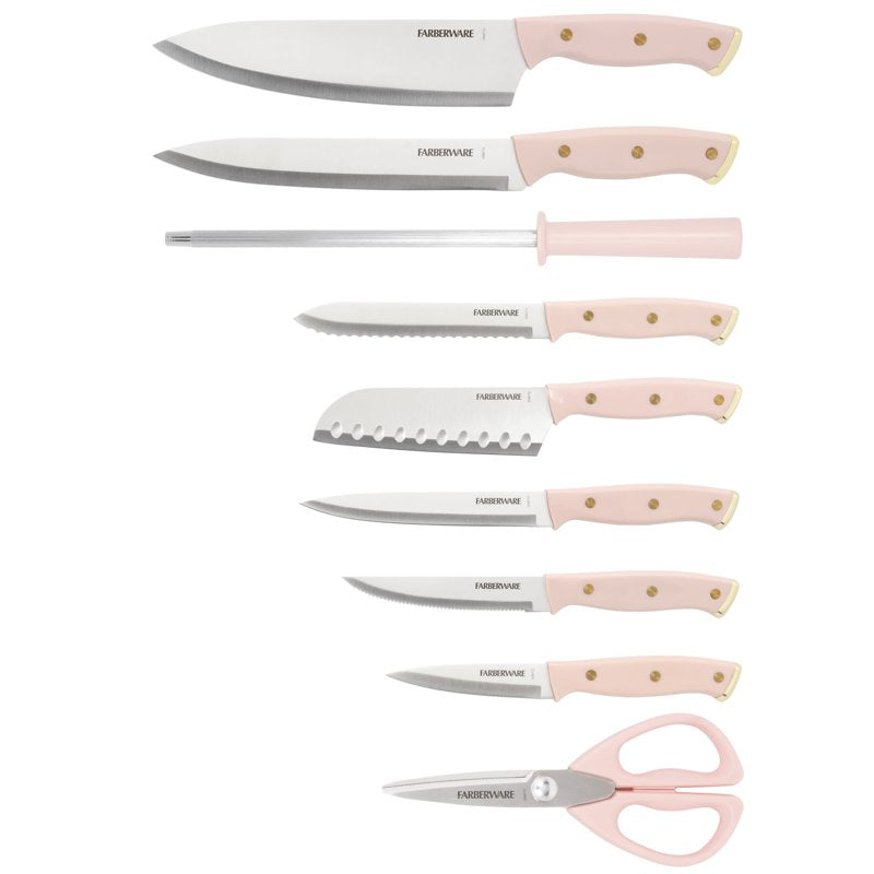 15-Piece Stainless Steel Knife Set with Acacia Block - Blush Gold
