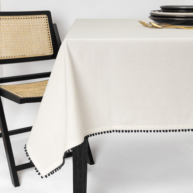 84" Ivory Tablecloth with Black Pom Pom Trim - Single