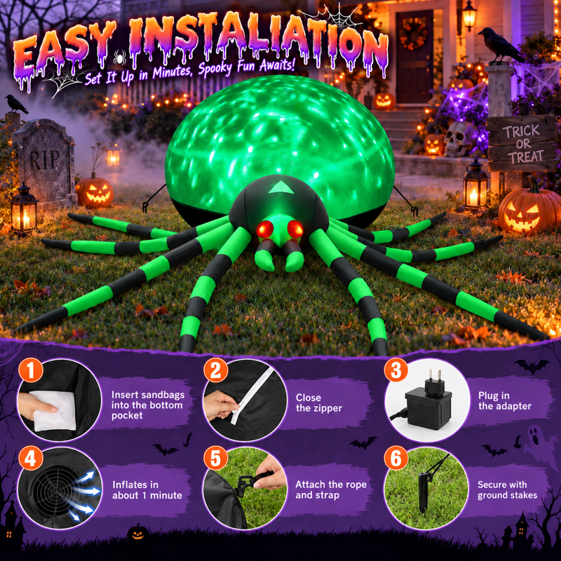 8FT Green Halloween Inflatable Giant Spider with Disco Lights for Yard Decor