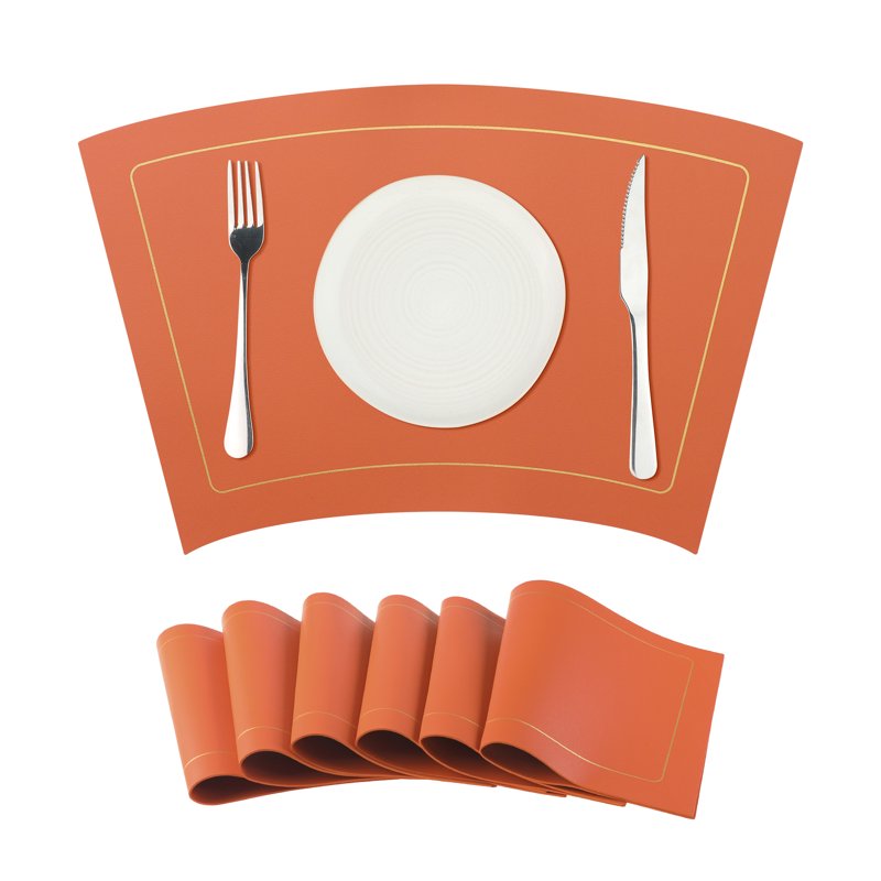 Set of 6 Heat Resistant Faux Leather Round Table Mats - Orange