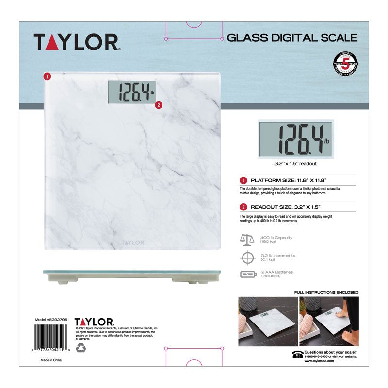 Digital Glass Body Weight Scale 400 lb Capacity White Marble Design