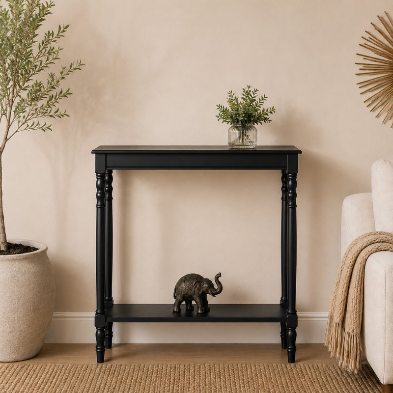 32" Black Wood Slim Console Table with Turned Legs
