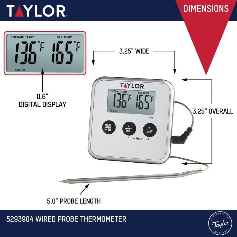 Digital Wired Probe Meat Thermometer with Timer - White