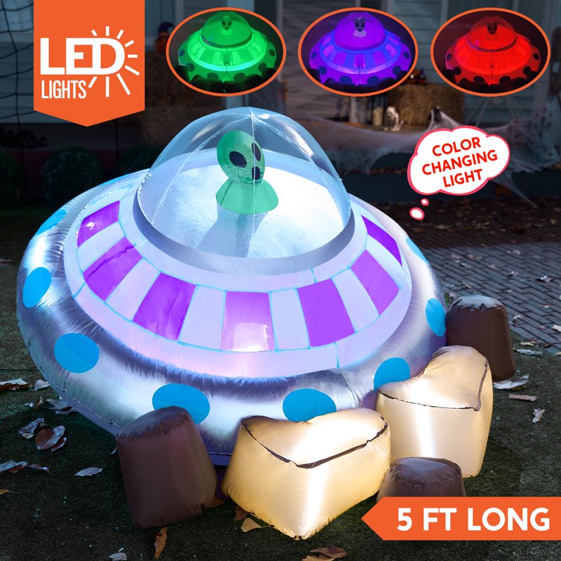 Crashing UFO Alien Inflatable Decoration - 5ft Halloween Yard Blow Up with Color Changing Lights