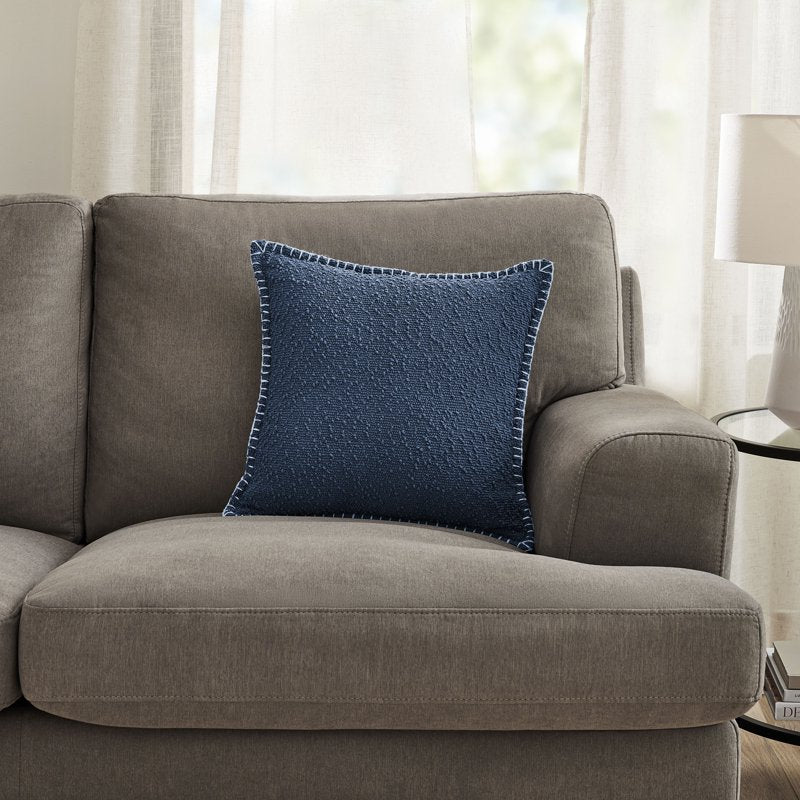 2 Pack Blue Throw Pillows with Ivory Whipstitch Edges 18x18 Inch Square - Mainstays Decorative Couch & Bed Accent Cushions