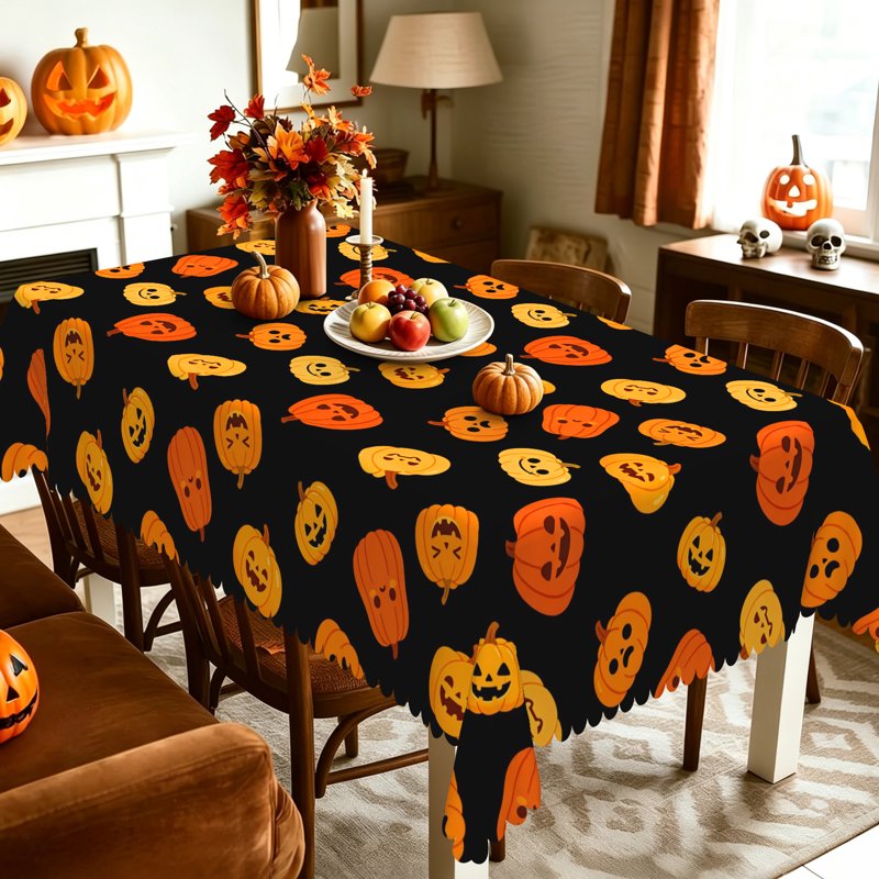 Halloween Tablecloth 60x84 Inches - Black Spooky Pumpkin Print, Party Decor