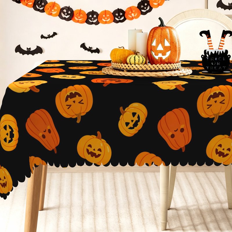 Halloween Tablecloth 60x84 Inches - Black Spooky Pumpkin Print, Party Decor