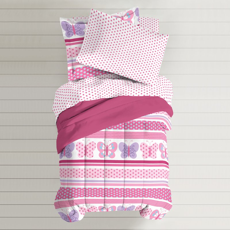 Pink Butterfly Dots Full Comforter Set for Child Bedroom - Microfiber, 7 Pieces