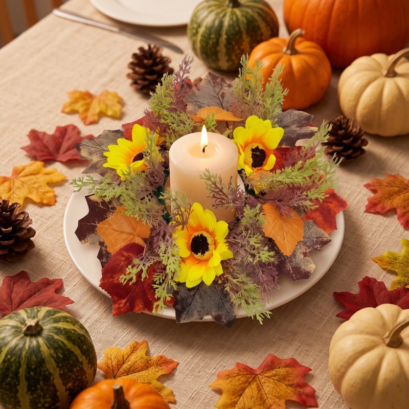 Fall Sunflower Candle Ring - Artificial Harvest Floral Mini Wreath for Pillar Candles - Rustic Autumn Home Decor - Variation #6