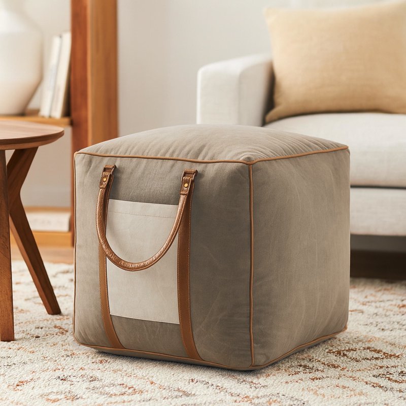 Lr Home Medium Taupe Bordered Indoor Square Pouf - 20x20x20 Inch