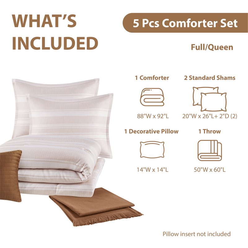 Full/Queen Jacquard Comforter Set - Reversible Block Stripe Bedding - Pinkish Tan & White, Striped-Rust Variation