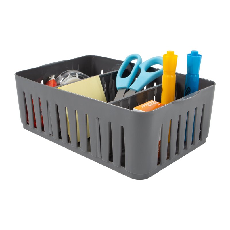 Stackable Plastic Storage Basket with Adjustable Dividers - Grey