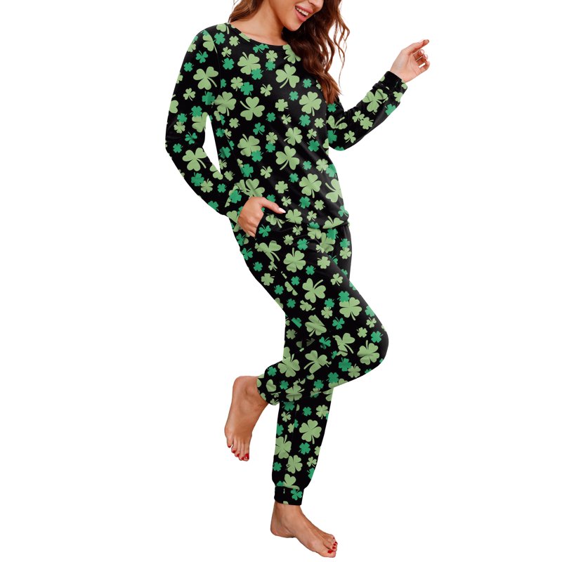 Women's Pajama Set Long Sleeve Lounge Sleepwear with Pockets - Black Green Clover, L