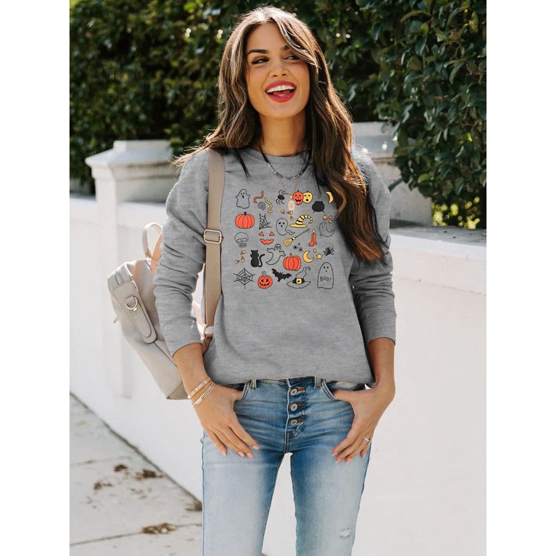 Women’s Halloween Pumpkin Ghost Graphic Sweatshirt - Gray, L