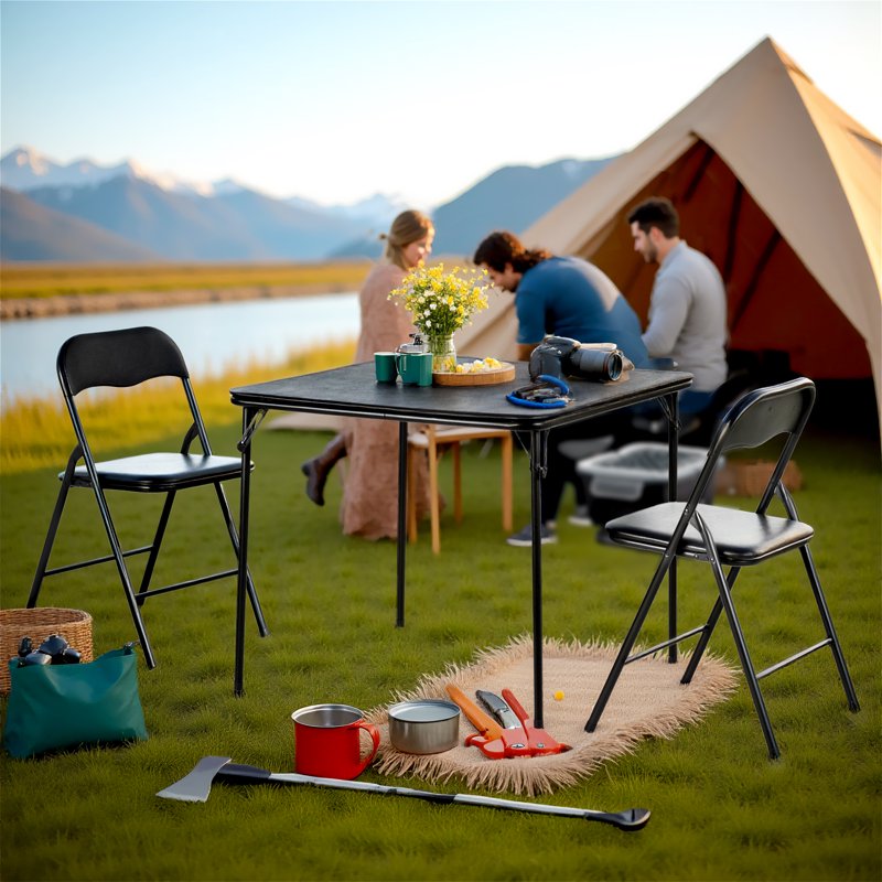 3-Piece Folding Dining Set with 33.9in Square Table & 2 Chairs - Black