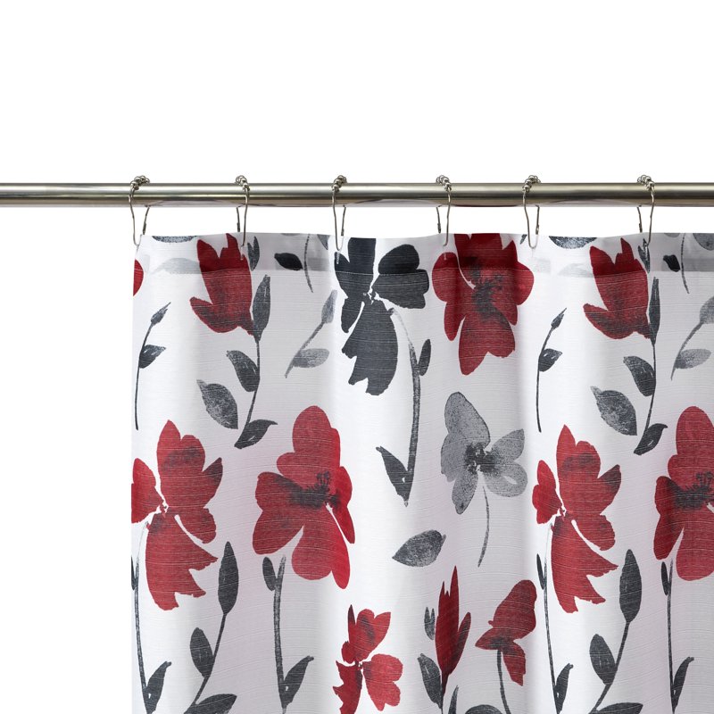 Mainstays Floral Shower Curtain - Black, Red & Gray, 72 x 72 Inches, Polyester, Reinforced Grommets - Curtain