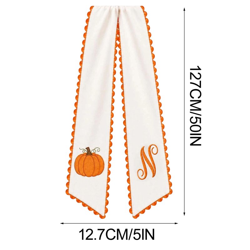 Pumpkin Embroidered Fall Wreath Sash - Orange Scalloped Ribbon for Halloween & Thanksgiving, 50 Inch, Seasonal Door Decor - N