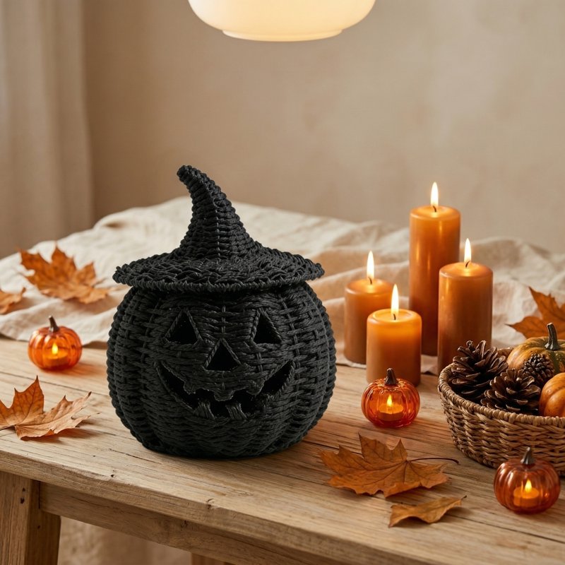 Halloween Pumpkin Jack-O'-Lantern Basket with Detachable Witch Hat Lid - 11 Inch