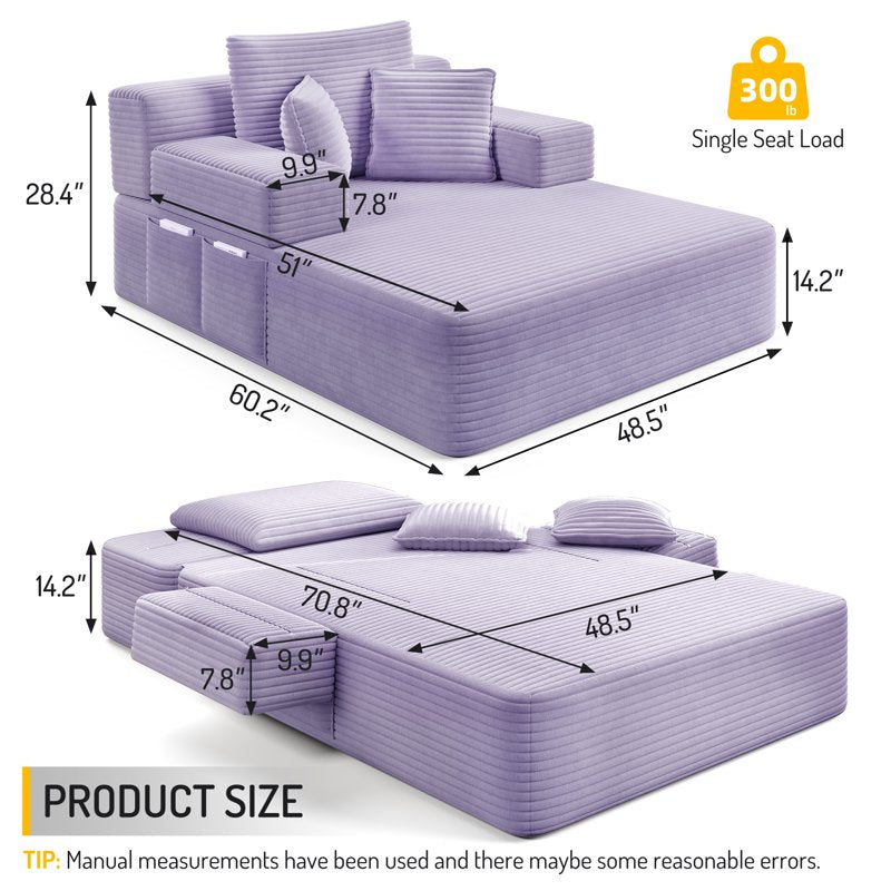 Aukfa Purple Oversized Corduroy Convertible Sofa Bed & Lounge Chair with Storage Pockets