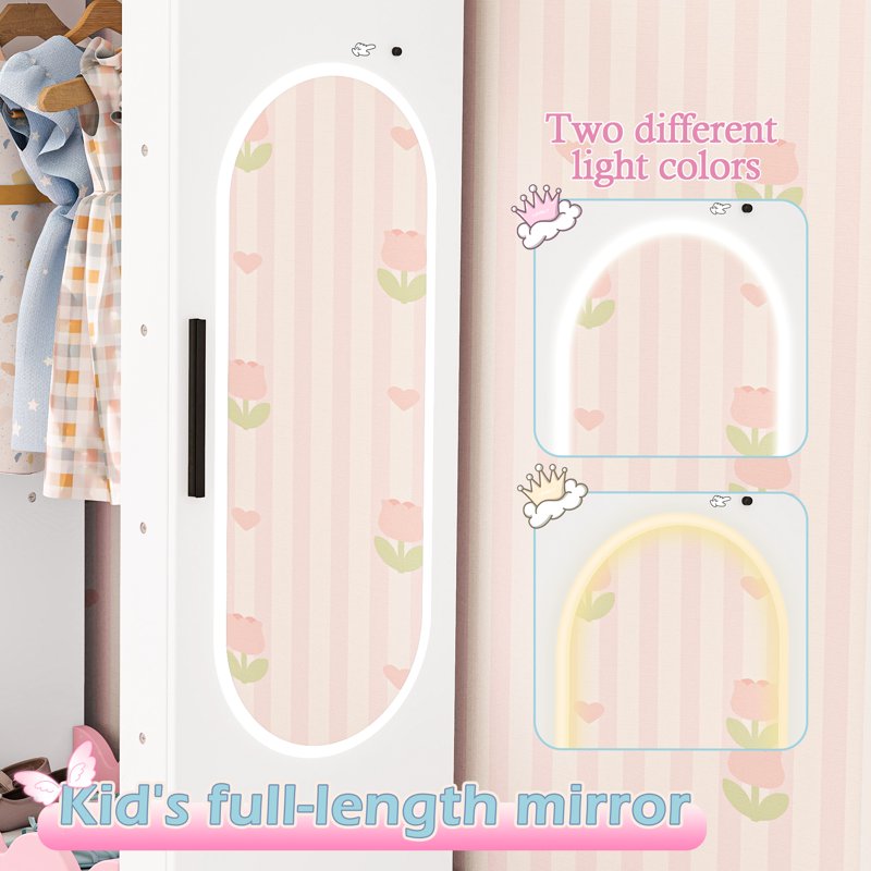 Kids Armoire with Mirror and Jewelry Storage - White Princess Style Wardrobe for Children