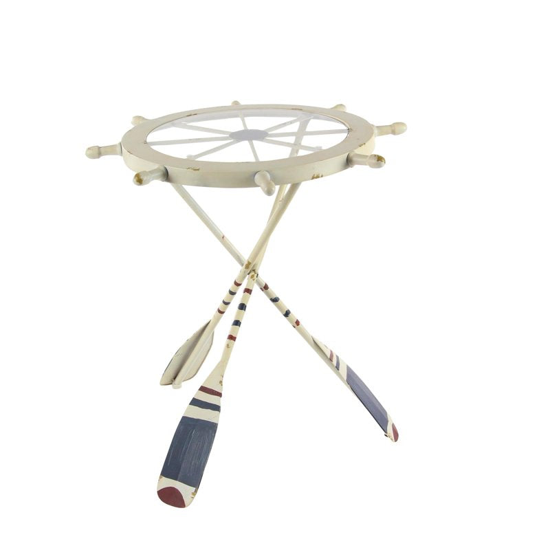 Nautical Style White Metal Top Ship Wheel Accent Table