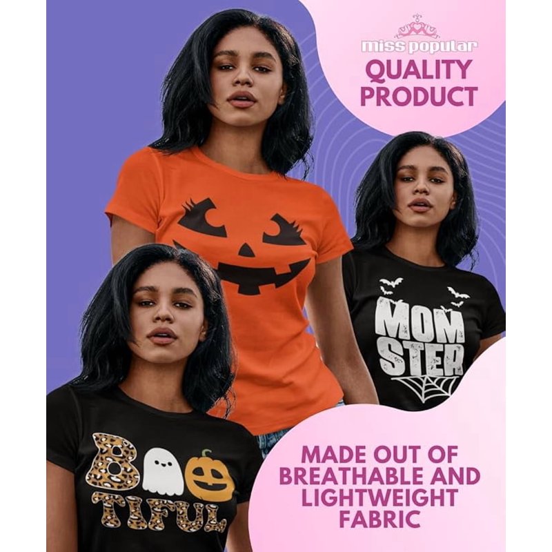 Halloween Printed Short Sleeve T Shirt for Women - Spooky Pumpkin Design, Size S-2XL, Variation PrintE M