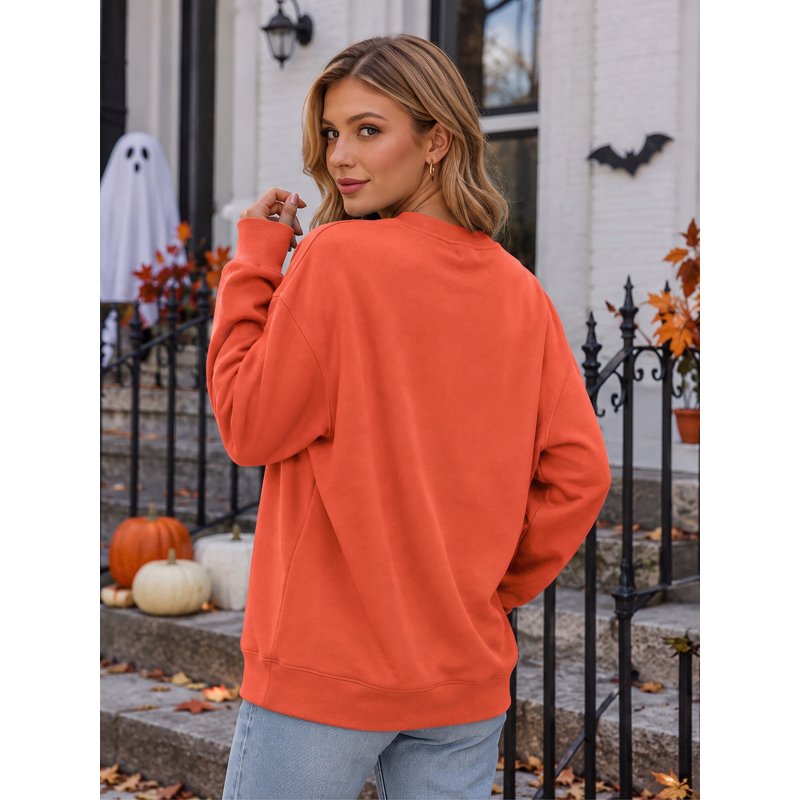 Halloween Pumpkin Sweatshirt Women Spooky Season Long Sleeve Pullover - Orange XXL