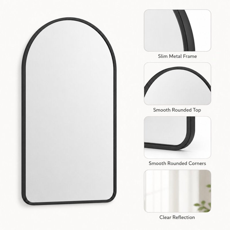 Easy4Home 36x24 Inch Rounded Arched Bathroom Mirror Wall Mounted Vanity Mirror Black