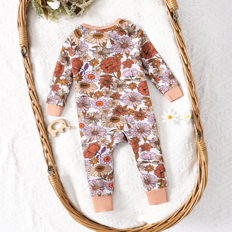 Baby Girl Pajama Set with Floral Print - 9-12 Months, Snug Fit, Bamboo Fabric, Zip Sleepwear, Variation 3#Flowers