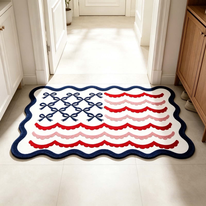 Patriotic Door Mat 4th of July Bow Flag Floor Doormat - 24x35in - Independence Day Welcome Rug - Non Slip Front Porch Decor