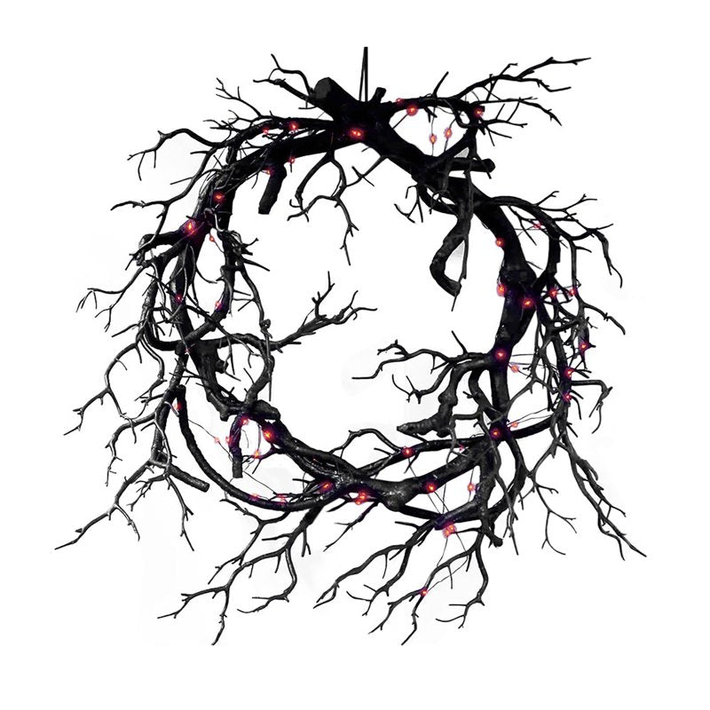 Halloween Black Branch Wreath with Red Lights for Front Door Indoor Outdoor Decor