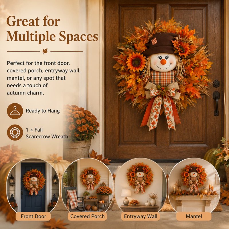 Lighted Fall Scarecrow Wreath for Front Door - Harvest Halloween Thanksgiving Decor U
