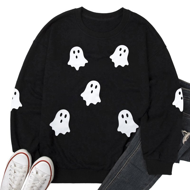 Halloween Ghost Graphic Sweatshirt Women Black XXL Spooky Fall Top