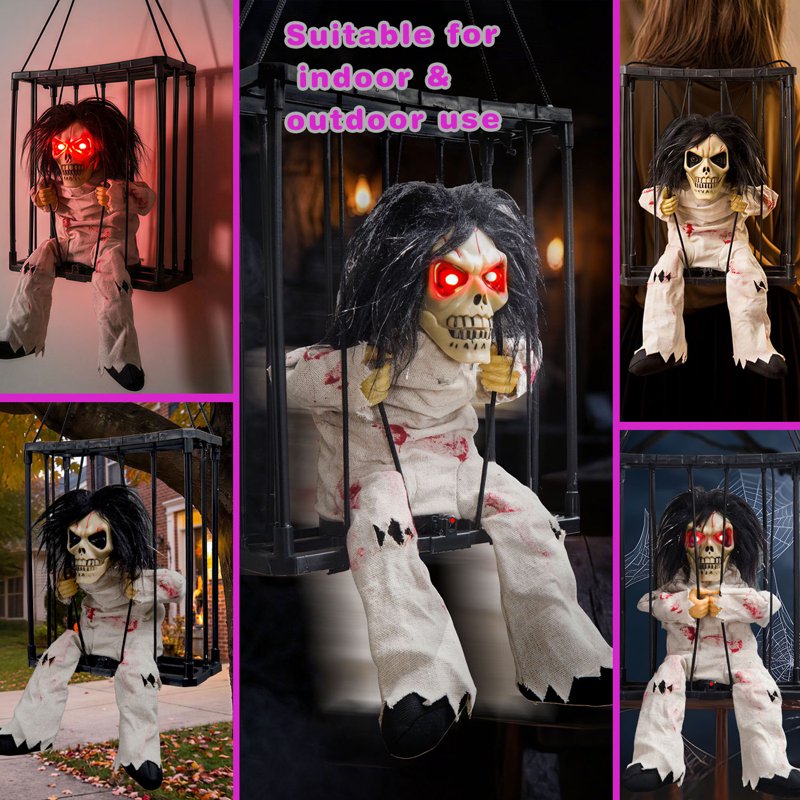 Magotan Animated Halloween Ghost Cage Decoration - Style C, Motion Sensor Indoor Outdoor Hanging Spooky Scary Decor