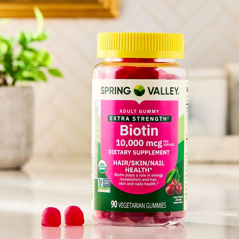 Organic Extra Strength Biotin Gummies for Hair, Skin, and Nails – Cherry Flavor, 10000 mcg, 90 Count